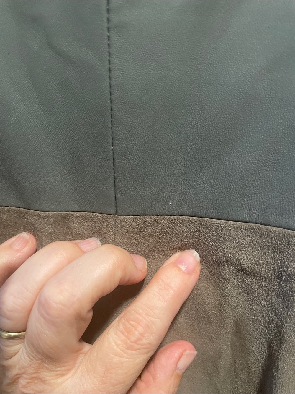 Armani Exchange Two-Tone Taupe a
Gray Goat & Lamb Leather Skater Lined Midi Dres - Picture 11 of 16